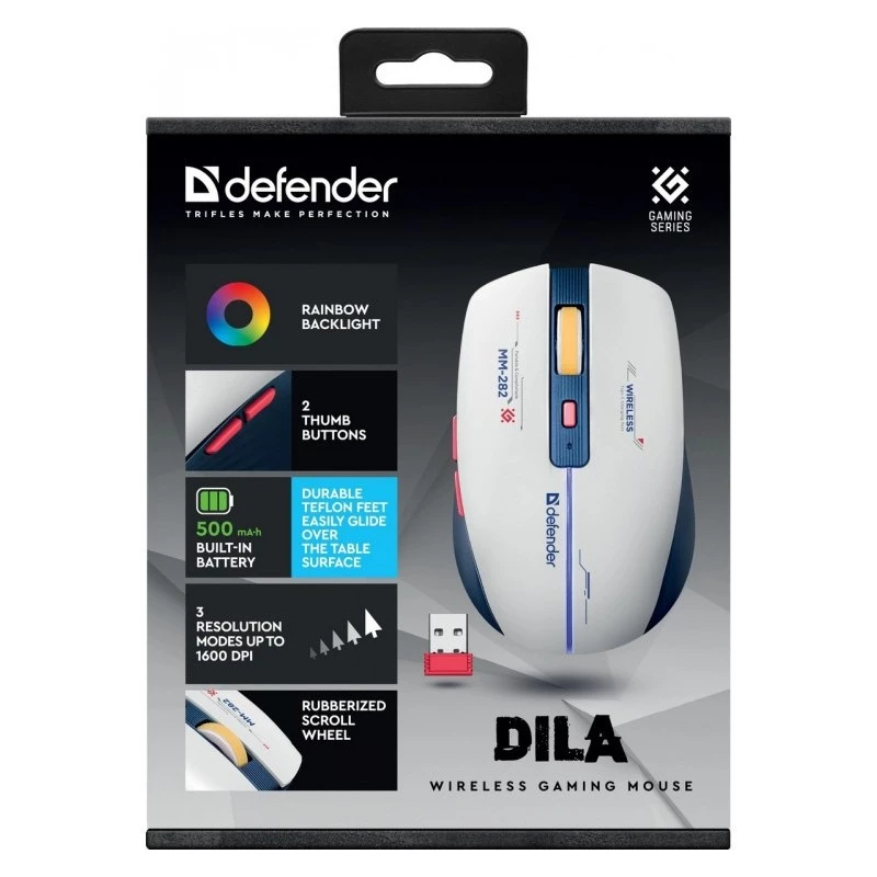 Belaidė žaidimų pelė DEFENDER MM-282 RF – ambidekstrinė, optinė 1800 DPI, 5 mygtukai, USB, maitinama baterija