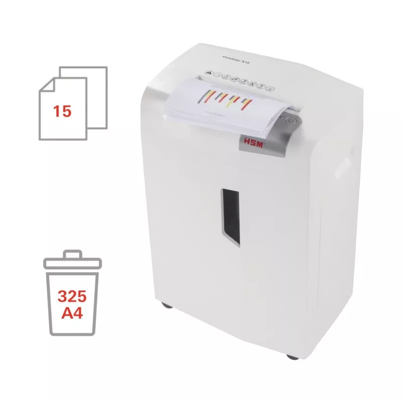 Popieriaus smulkintuvas HSM X15, dalelių pjovimas P-4, 23 cm darbinis plotis, 16 lapų talpa, 26 L krepšelis, sidabrinis