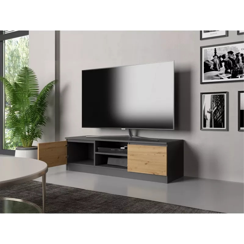 TV stovas Top e Shop RTV 120 ANTR/ARTIS — 1200×400×360 mm, antracito spalvos viršus ir rėmas, medžio drožlių plokštė, 2 lentynos