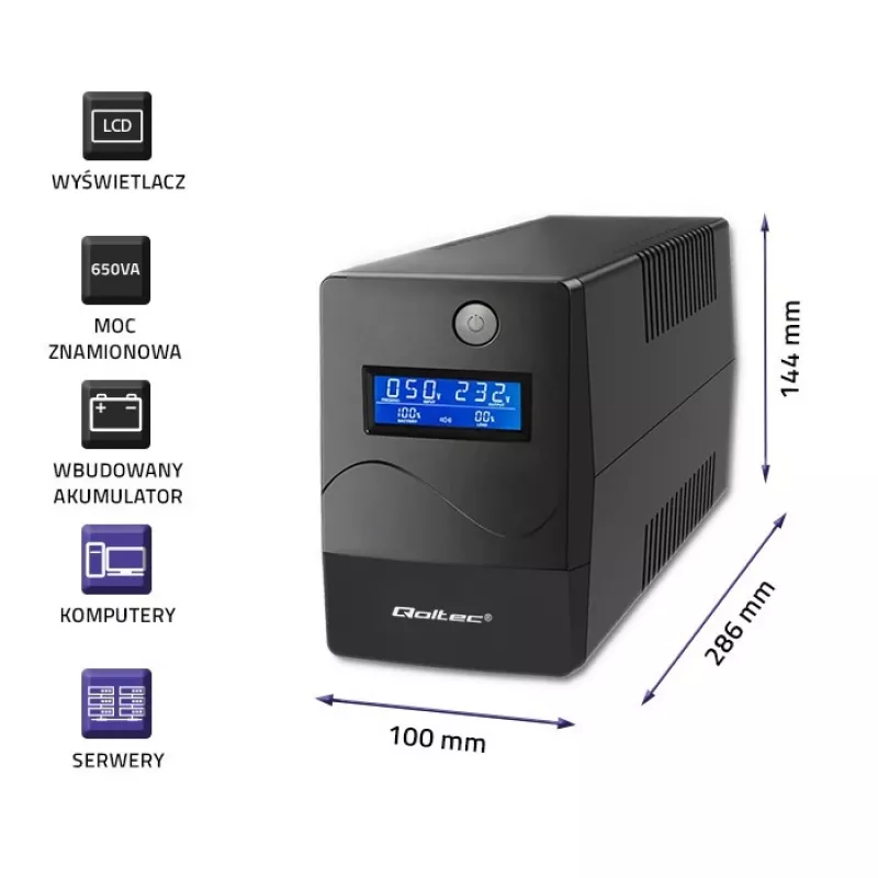 Qoltec Monolith UPS Double-conversion Online 0,65 kVA 360 W 2 AC lizdai