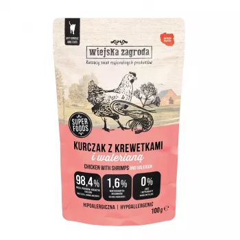 WIEJSKA ZAGRODA Vištiena su krevetėmis ir valerijonu – šlapias kačių ėdalas – 100g