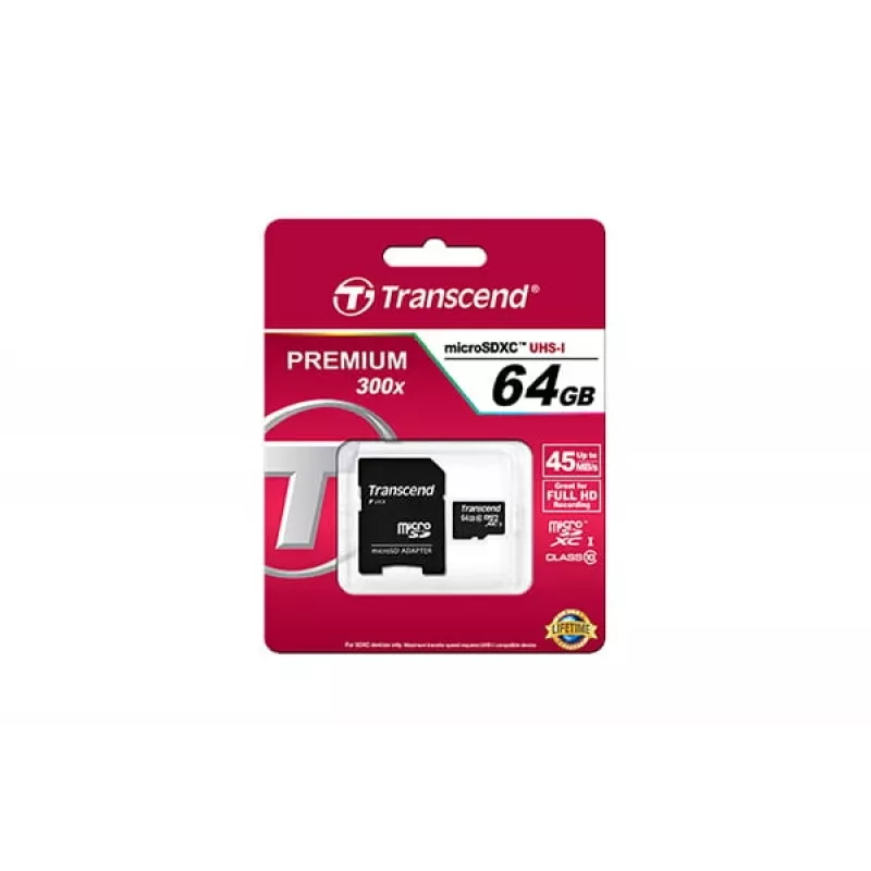 „Transcend“ 64 GB „MicroSDXC“ 10 klasės atminties kortelė su SD adapteriu