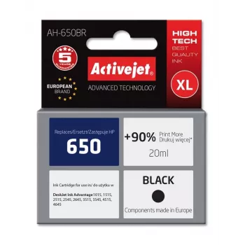 Kasetė rašalinė ActiveJet AH-650BR, suderinama su HP 650, juodas pigmentinis rašalas, XL 20 ml, ~690 puslapių