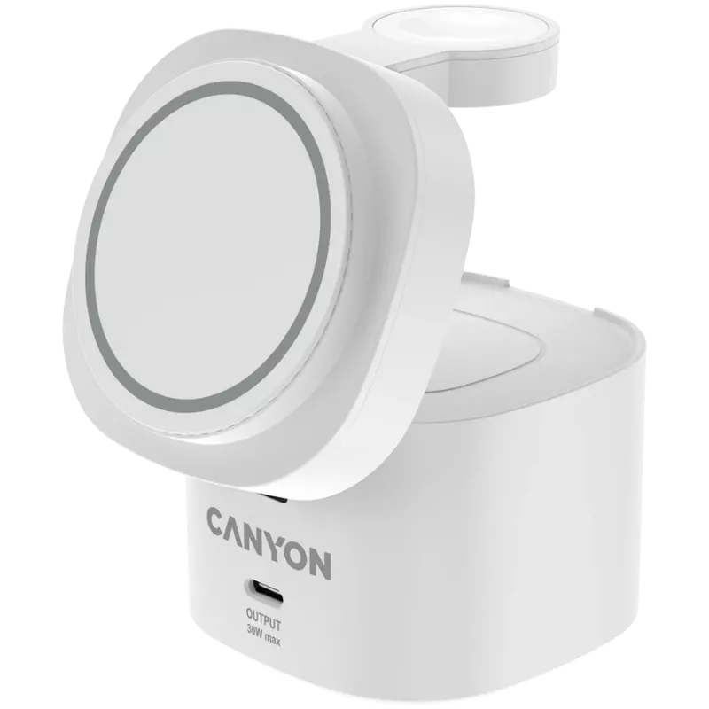 Canyon 4 viename belaidis įkrovimo stovas, 30W maks., 70x70x70.3 mm, 414 g, su 65W įkrovikliu ir 1 m laidu, baltas