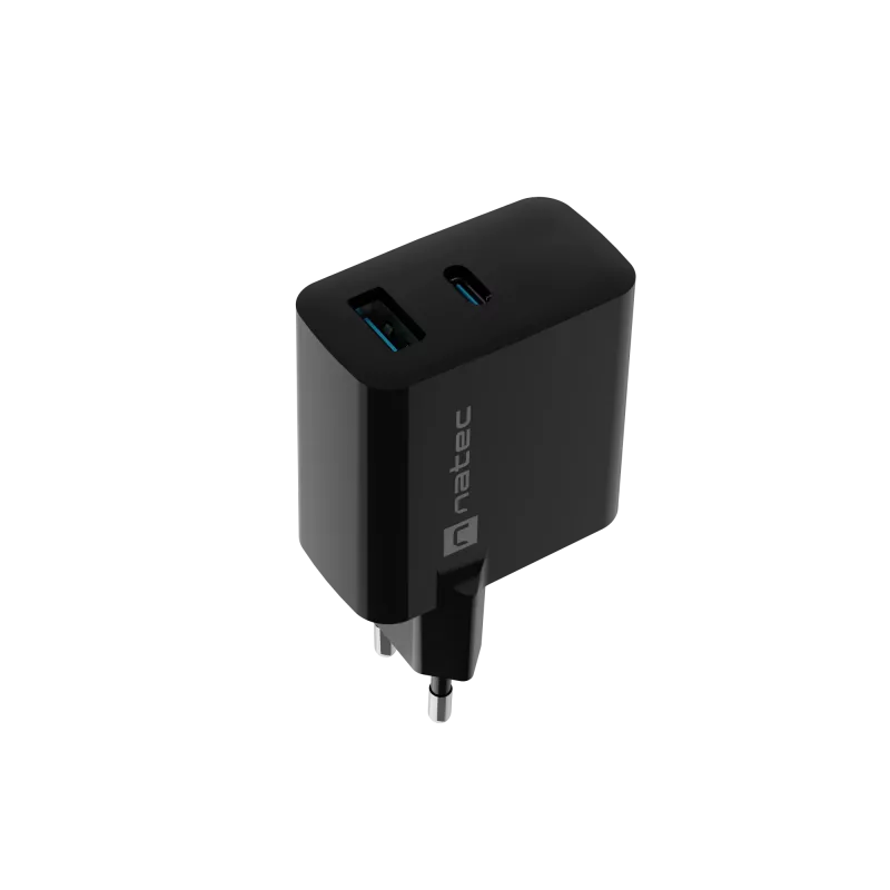 Laidinis mobiliojo įrenginio įkroviklis NATEC NUC-2143, 45 W, USB-C PD 3.0 + USB-A QC 3.0, 110–240 V, juodas
