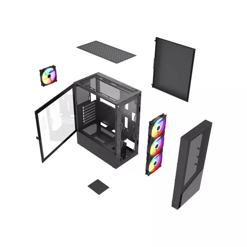 Gembird Fornax 4300 CCC-FC-4300 žaidimų korpusas ATX Midi Tower, grūdinto stiklo, ARGB ventiliatoriai, 2x USB 3.1, 1x USB 2.0, juodas
