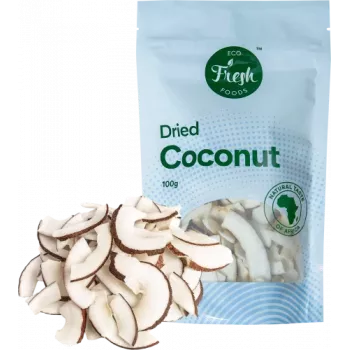 Džiovintas kokosas Eco fresh foods 100 g – tarkuotas desertinis kokosas, 100 g pakuotė