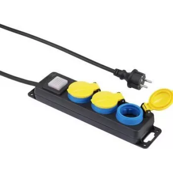 Power strip Renkforce 350E-CMB — 3 lizdai su atskirais jungikliais, juoda/geltona/mėlyna