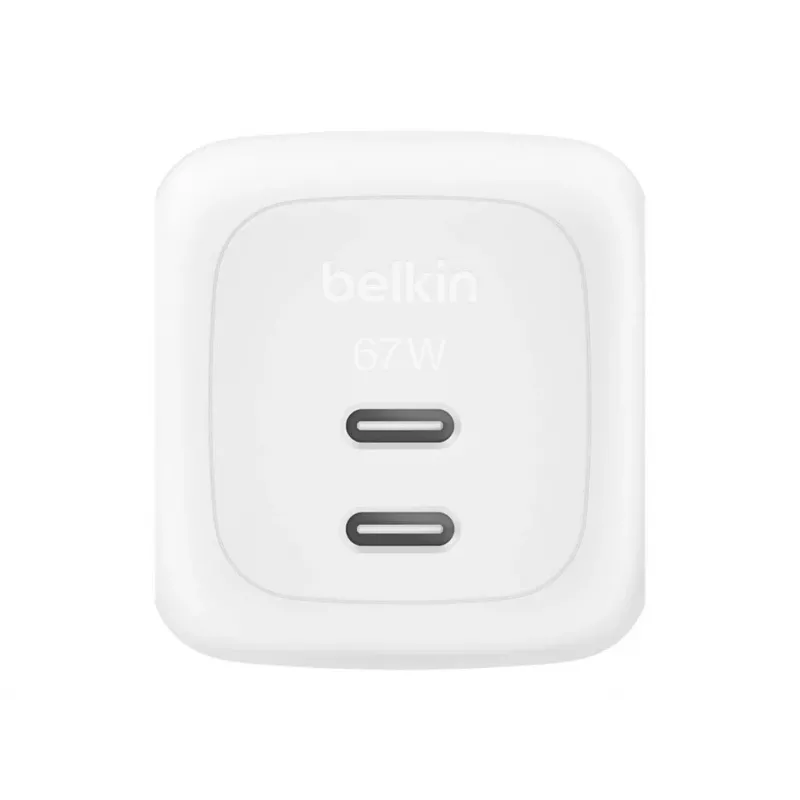 Greitasis AC sieninis įkroviklis Belkin WCH020KQ2MWH-B6 — 2x USB‑C, 2 m integruotas laidas, baltas