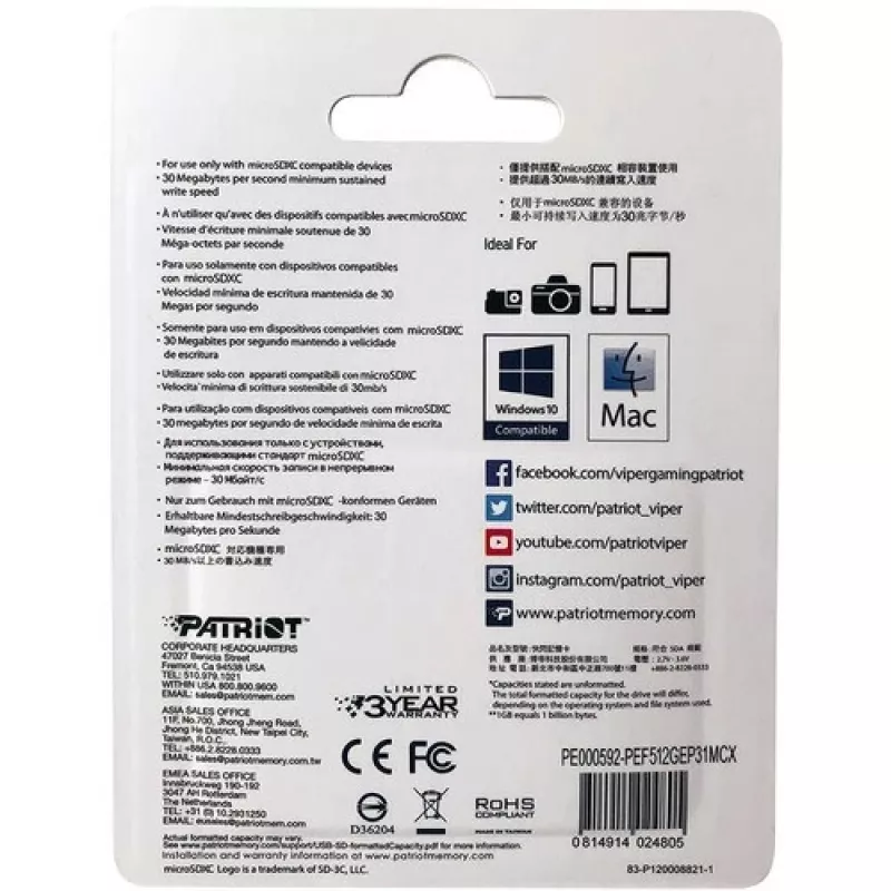 PATRIOT EP 512GB MicroSDXC atminties kortelė UHS-I U3 V30 A1, 90 MB/s skaitymas, su adapteriu