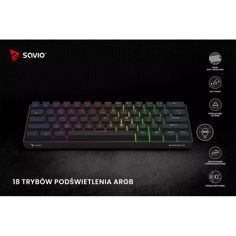Mechaninė žaidimų klaviatūra SAVIO BLACKOUT X2 BROWN 61 klavišas 60% USB QWERTY RGB Outemu Brown