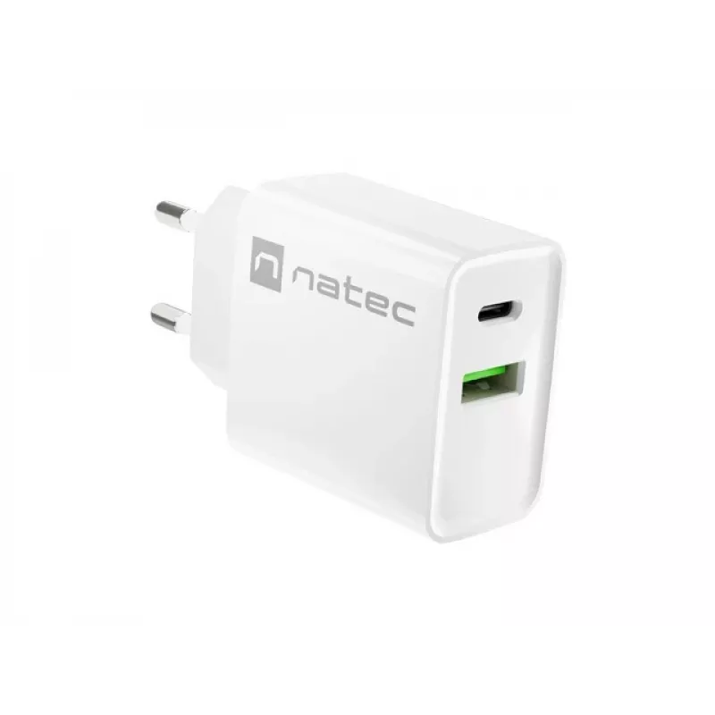 Patalpų kintamosios srovės greitasis įkroviklis NATEC RIBERA 12V 20W USB-C PD 3.0 + USB-A Samsung AFC Baltas