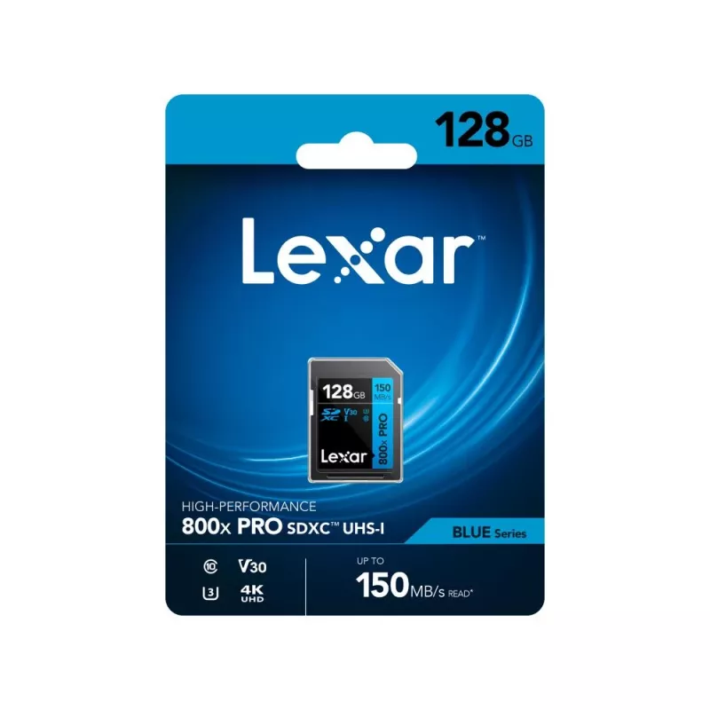 SDXC atminties kortelė Lexar 128GB UHS-I 800xPRO Class 10 U3 V30 — 150 MB/s skaitymas, 45 MB/s rašymas, juoda