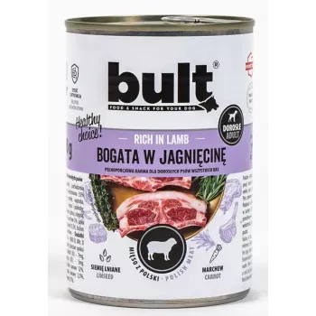 Šlapias šunų ėdalas BULT Rich in lamb 800 g – pilnavertis konservas suaugusiems šunims, 12% baltymų, 7,5% riebalų, 75% drėgmės