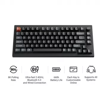 Mechaninė klaviatūra Keychron V1 Ultra 8K — 75 % QWERTY, Bluetooth, laidinis, RGB, juoda