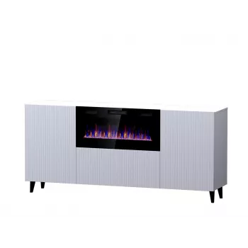 Komoda su elektriniu židiniu Cama Meble PAFOS, 180x42x82 cm, balta matinė, 1400–1600 W, be rankenų, 3 durys, 2 lentynos