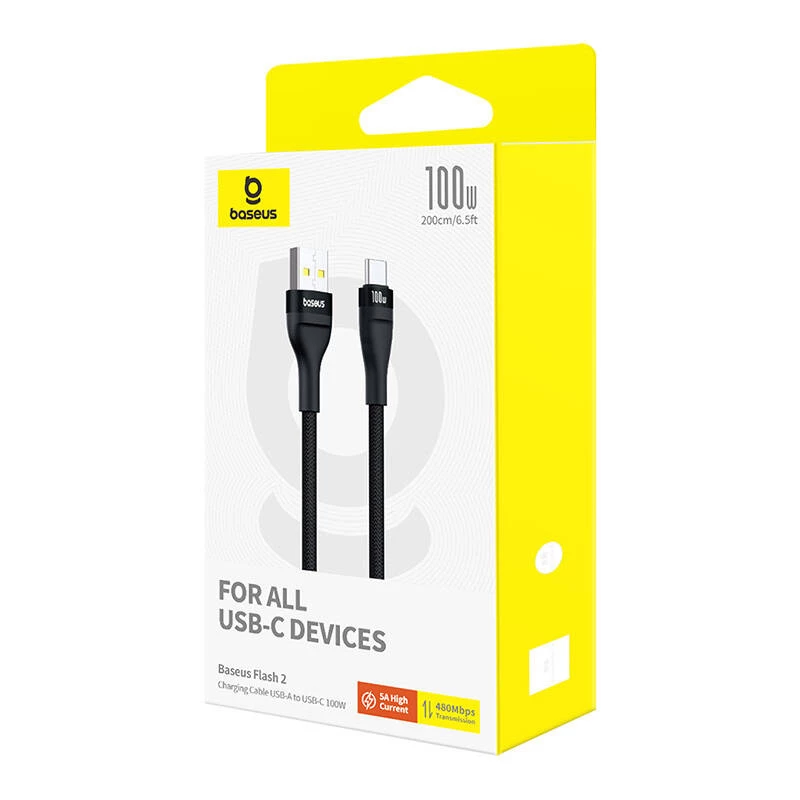 Baseus Flash 2 USB A į USB C greito įkrovimo laidas 2 m 100 W juodas