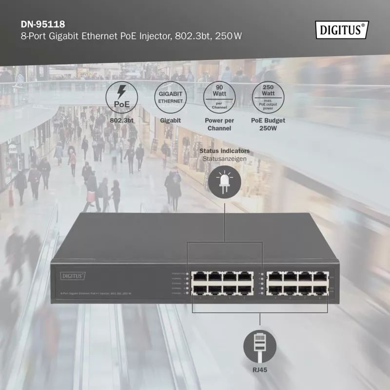 Digitus 8 prievadų Gigabit Ethernet PoE injektorius, 802.3bt, 250 W