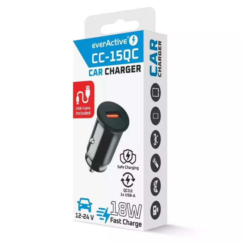 Automobilinis kroviklis everActive CC-15QC QC3.0 18W 1x USB su kabeliu