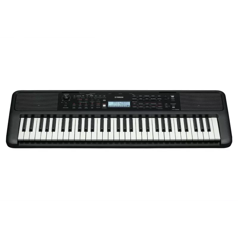Klaviatūra YAMAHA PSR-E383 – 61 klavišų nešiojama MIDI klaviatūra su LCD ekranu, USB, įmontuotais garsiakalbiais, maitinama baterijomis (6), juoda
