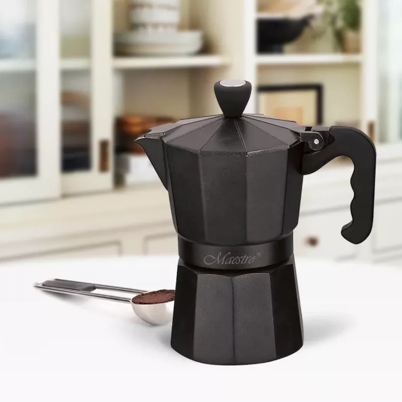 Moka puodas Maestro MR-1666-3-BLACK, rankinis 3 porcijų aliumininis kavos virimo aparatas, 150 ml, juodas