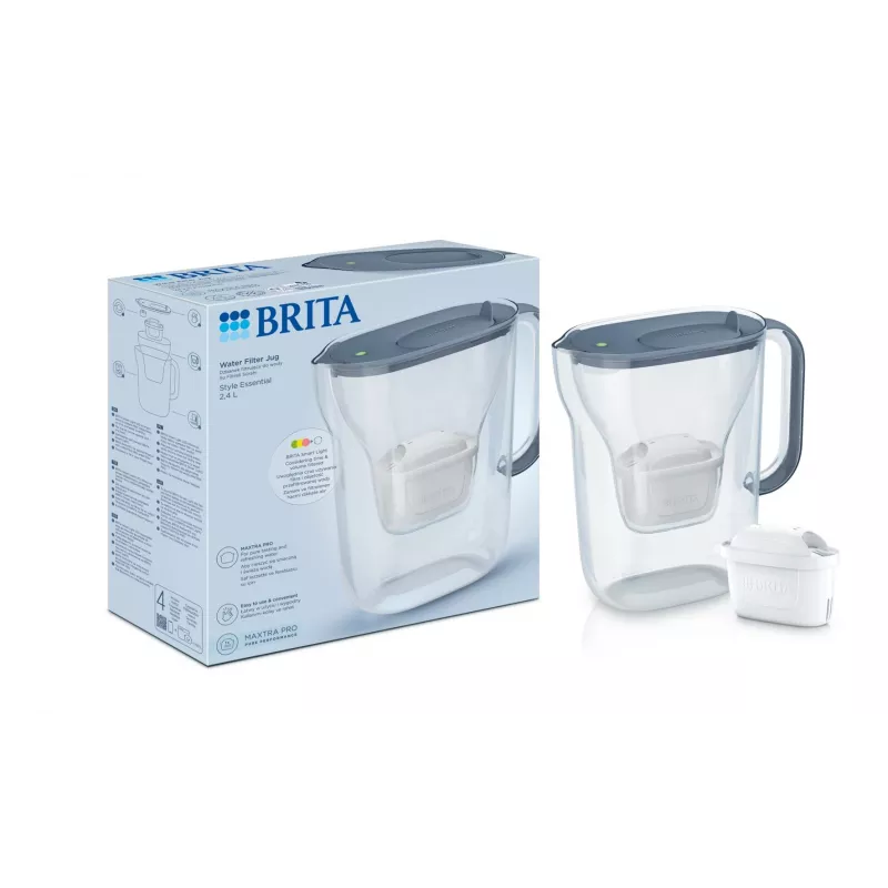 Vandens filtro ąsotis BRITA Style Essential 2,4 L Graphite su MAXTRA kasetė, Smart Light, 1,4 L filtruoto vandens talpa