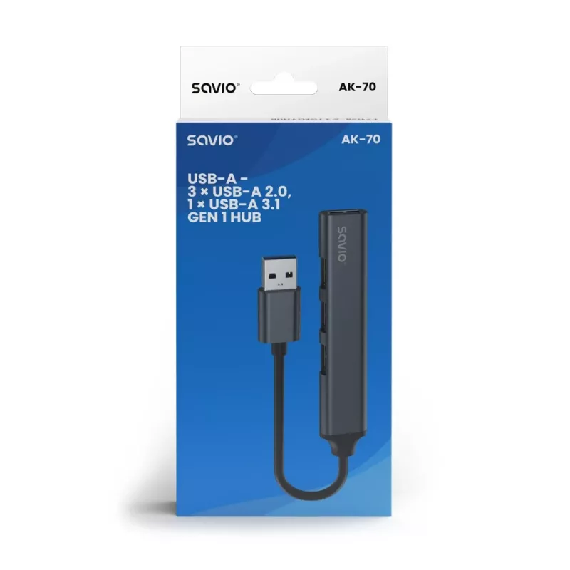USB šakotuvas SAVIO AK-70, 7 prievadų USB 3.0, 4 naudojami prievadai, USB Type-A šeimininko jungtis, 5 Gbit/s perdavimo greitis, garantija 2 metai
