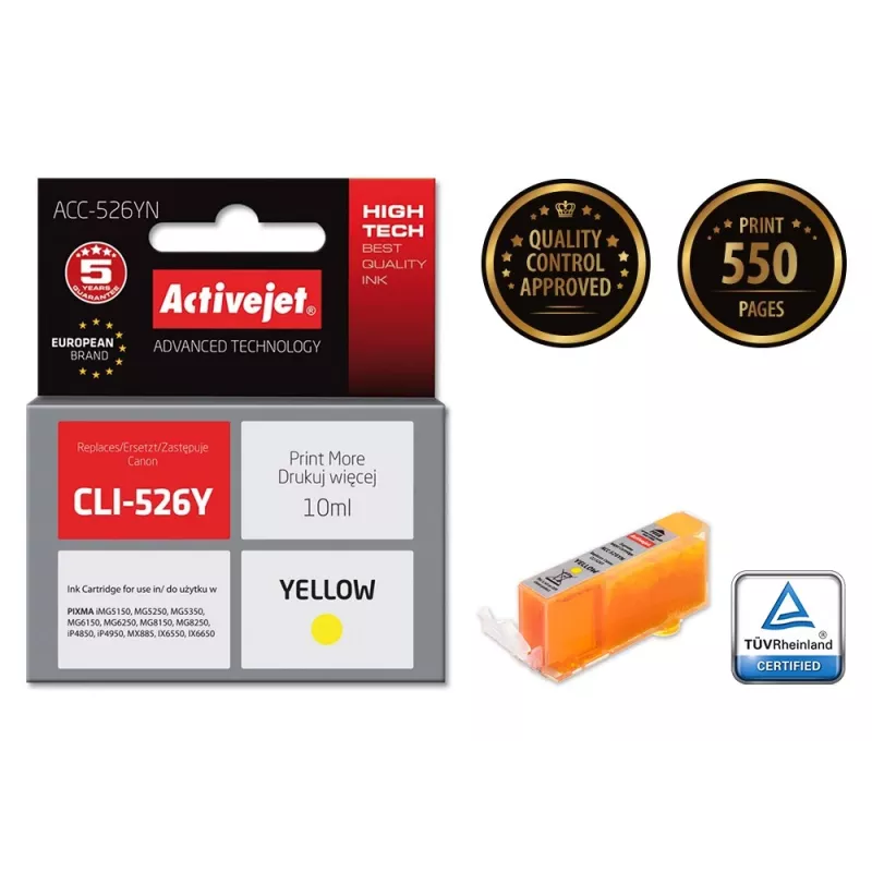 Activejet ACC-526YN rašalo kasetė (Canon CLI-526Y pakaitalas; Supreme; 10 ml; geltona)