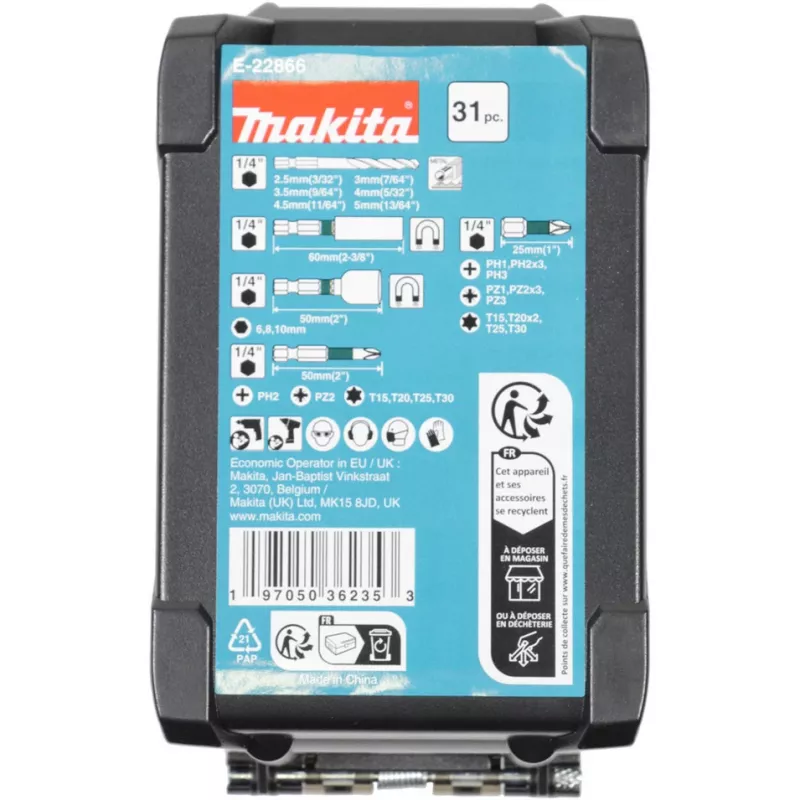 Gręžtų rinkinys Makita E-22866 — 31 vnt., įvairių dydžių medžiui, metalui, mūrui