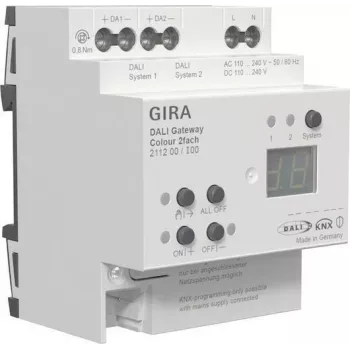 GIRA DALI Gateway Colour 2f REG KNX Secure – DIN bėgio šliuzas DALI spalvotam apšvietimui valdyti (modelis 211200)