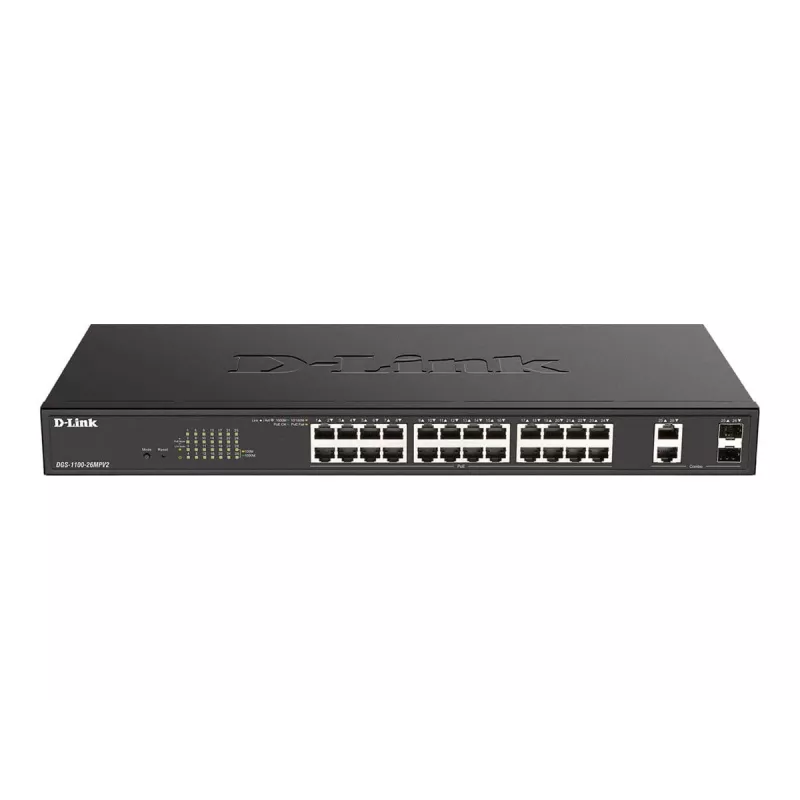 D-Link DGS-1100-26MPV2/E valdomas L2 Gigabit Ethernet komutatorius su PoE, 24 prievadai, juodas