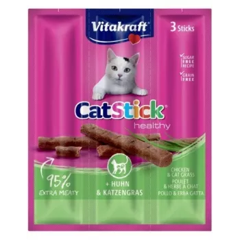 Drėgni skanėstai katėms Vitakraft CatStick Mini Chicken with Grass, 3 vnt. – 18 g, vištienos skonio, 28% drėgmės