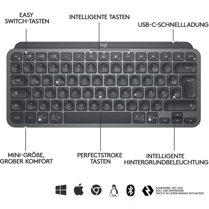 Logitech MX Keys Mini - klaviatūra - su foniniu apšvietimu - Bluetooth - QWERTZ - Šveicariška - Graphite (920-010485)
