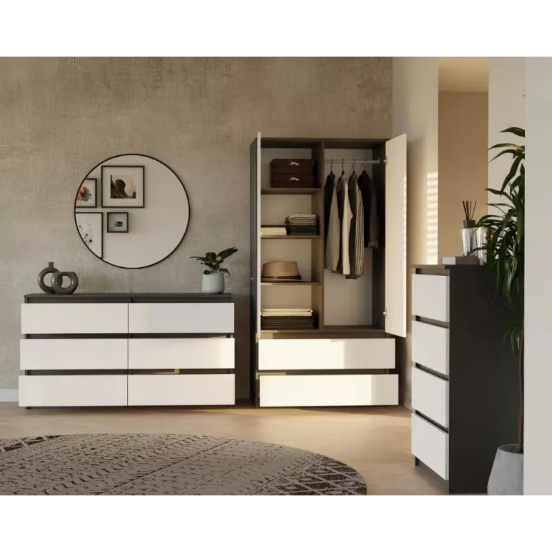 Spinta MALWA SS-90, 90×180×50 cm, antracitinis rėmas, balti varstomi durys, 2 stalčiai, laminatas 16 mm