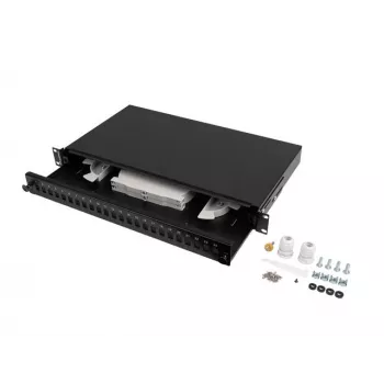 Paskirstymo dėžė šviesolaidinei 1U 24xSC Simplex / 24xLC Duplex Rack 19 inch juoda