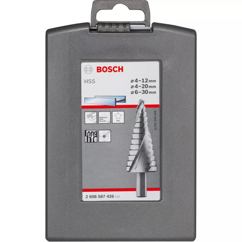 Gręžtuvas laiptuotas Bosch HSS su 3 plokščiais kotais rinkinys aliuminiui ir plastikui