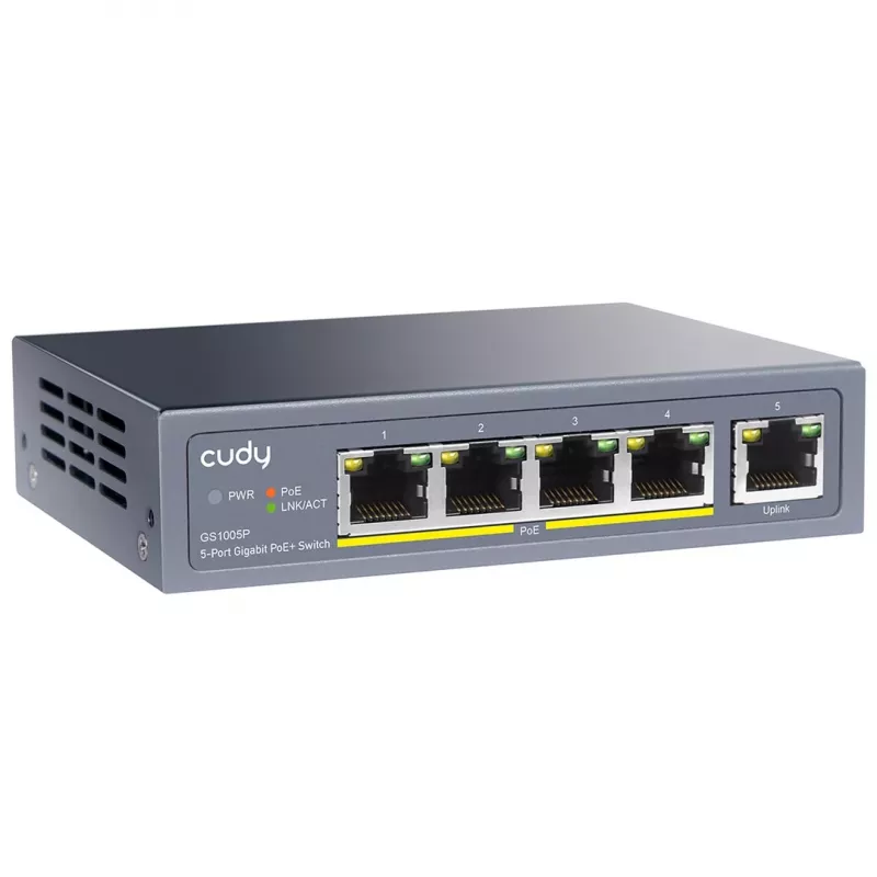 Cudy GS1005P tinklo jungiklis – 5 prievadų Gigabit Ethernet su 4 PoE prievadais, 60 W, metalinis korpusas, montuojamas į stelažą
