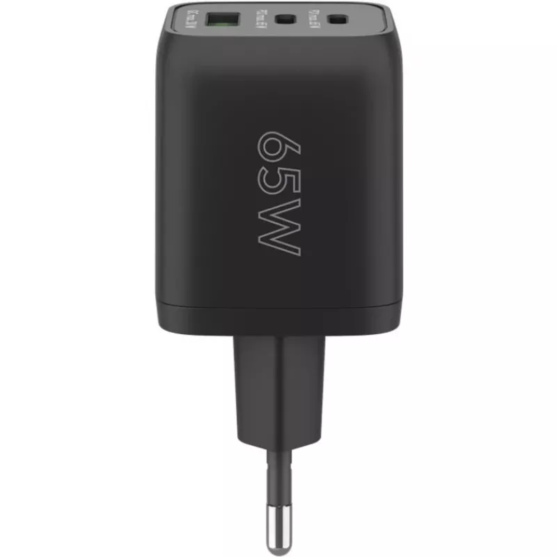 USB-C greitas įkroviklis Nano, PD, GaN, 65 W, USB-C pintas laidas (juodas, 1x USB-A, 2x USB-C PD, Quick Charge 3.0, 1 m laidas)
