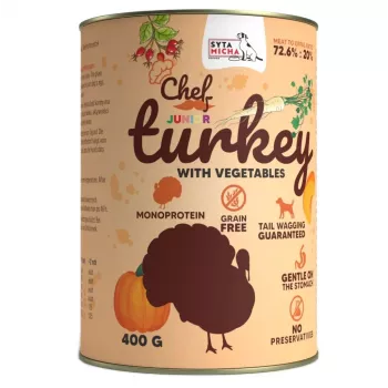 Šlapias šunų ėdalas SYTA MICHA Chef Turkey with vegetables Junior 400 g – pilnavertis konservuotas ėdalas šuniukams