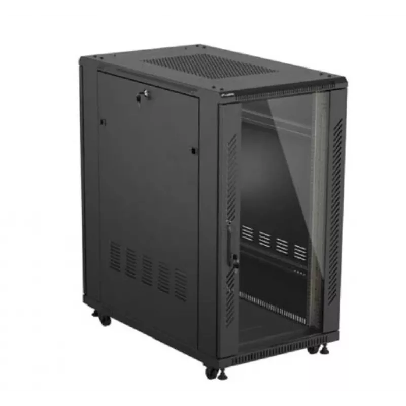19 colių stelažinė spinta LANBERG 22U 600x1000 mm, juoda, stiklinės priekinės ir galinės durelės