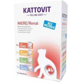 Šlapias kačių ėdalas KATTOVIT Niere/Renal 85 g paketėlis — 12 x 85 g, paukštiena (jautiena, vištiena, antis, kalakutiena) suaugusioms katėms, sergančioms inkstų nepakankamumu