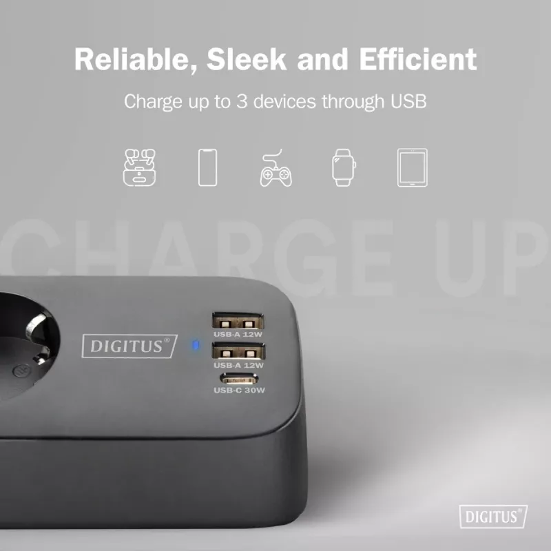 DIGITUS 3-jų lizdų ilginimo blokas su 2×USB-A ir 1×USB-C, 3 AC lizdai (E/F tipas), 1,5 m laidas, juodas