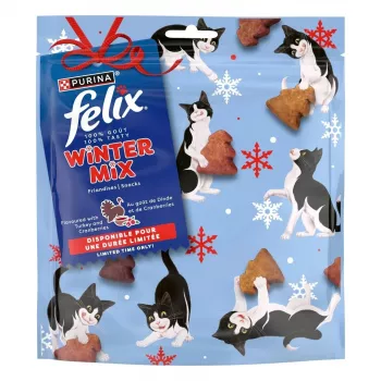 Kačių skanėstai Purina Nestlé Felix Winter Mix Turkija ir Spanguolės 200 g mėsos pakelis, suaugusioms katėms, baltymai 35,5% riebalai 19,5%