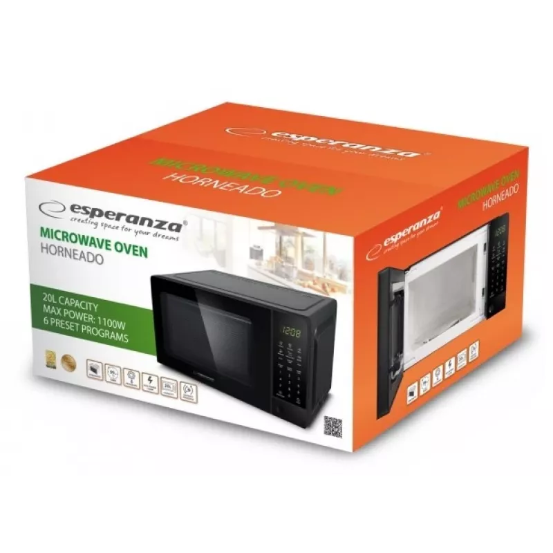 Solo mikrobangų krosnelė ESPERANZA EKO009 — 700 W, 20 L, LED ekranas, jutiklinis valdymas, 24,5 cm stiklinė plokštelė, juoda