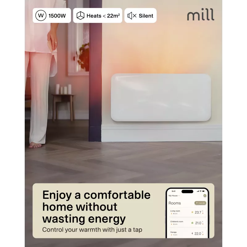 Mill WiFi Panelinis Šildytuvas PA1500WIFI4A | 1500 W | Tinka patalpoms iki 22 m² | Baltas | IPX4