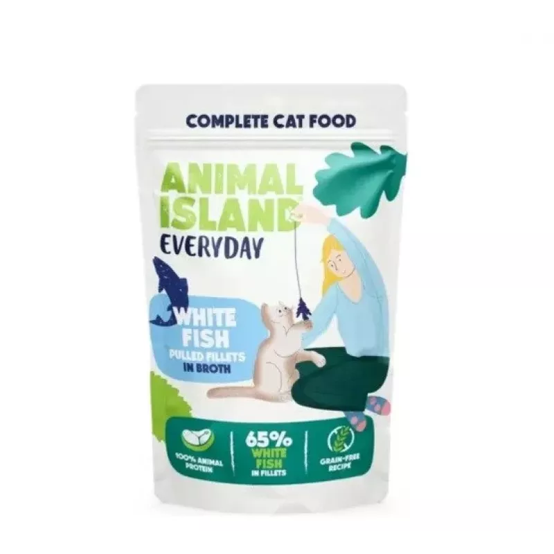 ANIMAL ISLAND baltos žuvys sultinyje kačių ėdalas mono pakuotė 40x85g