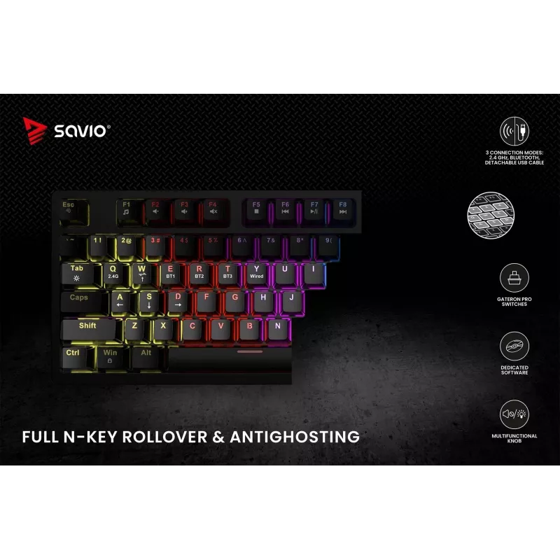 Savo Phenix SAVGK-RED mechaninė klaviatūra žaidimams 75% Gateron Pro RGB belaidė RF Bluetooth USB QWERTY