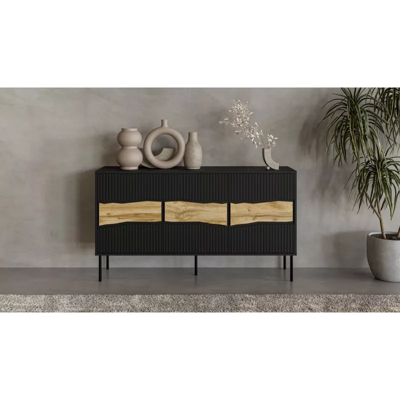 Komoda Cama Meble INSERTO 3D 143,5×40×80 cm juoda su LED, medžio drožlių plokštė, 16 mm rėmas
