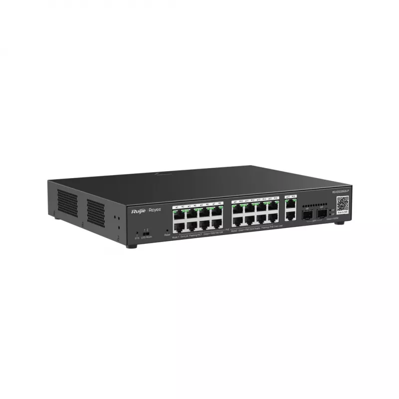 Ruijie Reyee RG-ES220GS-P L2 valdomas Gigabit PoE komutatorius, 20 prievadų (18x GE 10/100/1000, 16x PoE+, 2x SFP), 250 W, Cloud, juodos spalvos