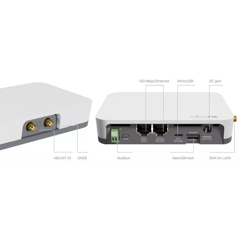 Šliuzas / valdiklis MikroTik KNOT LR8G — vienos juostos 2,4 GHz, 100 Mbit/s Ethernet, QCA9531 650 MHz, RS-485, NanoSIM